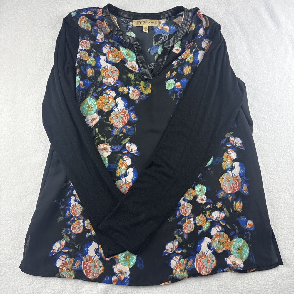 Democracy Long‎ Sleeve Blouse Floral Faux Leather Trim Women's Size Medium